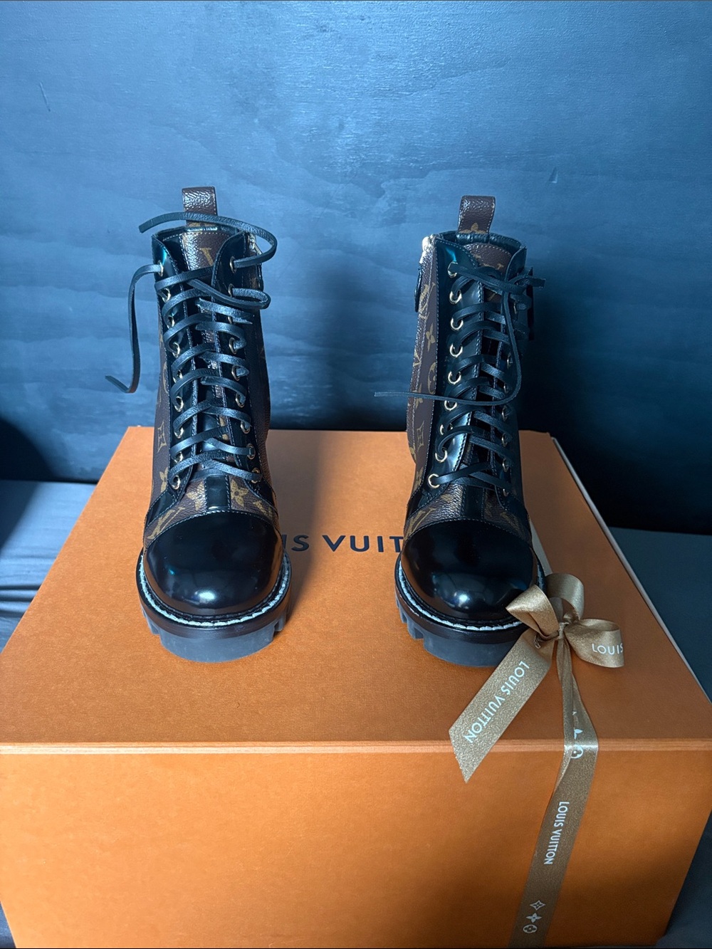 Louis Vuitton Brown Monogram and Black Patent Lace-Up Combat Boots